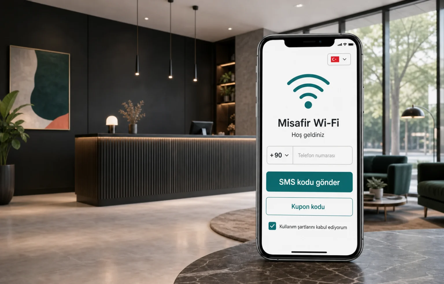AnchorSpot markalı misafir Wi-Fi portalının otel ortamındaki ürün görseli