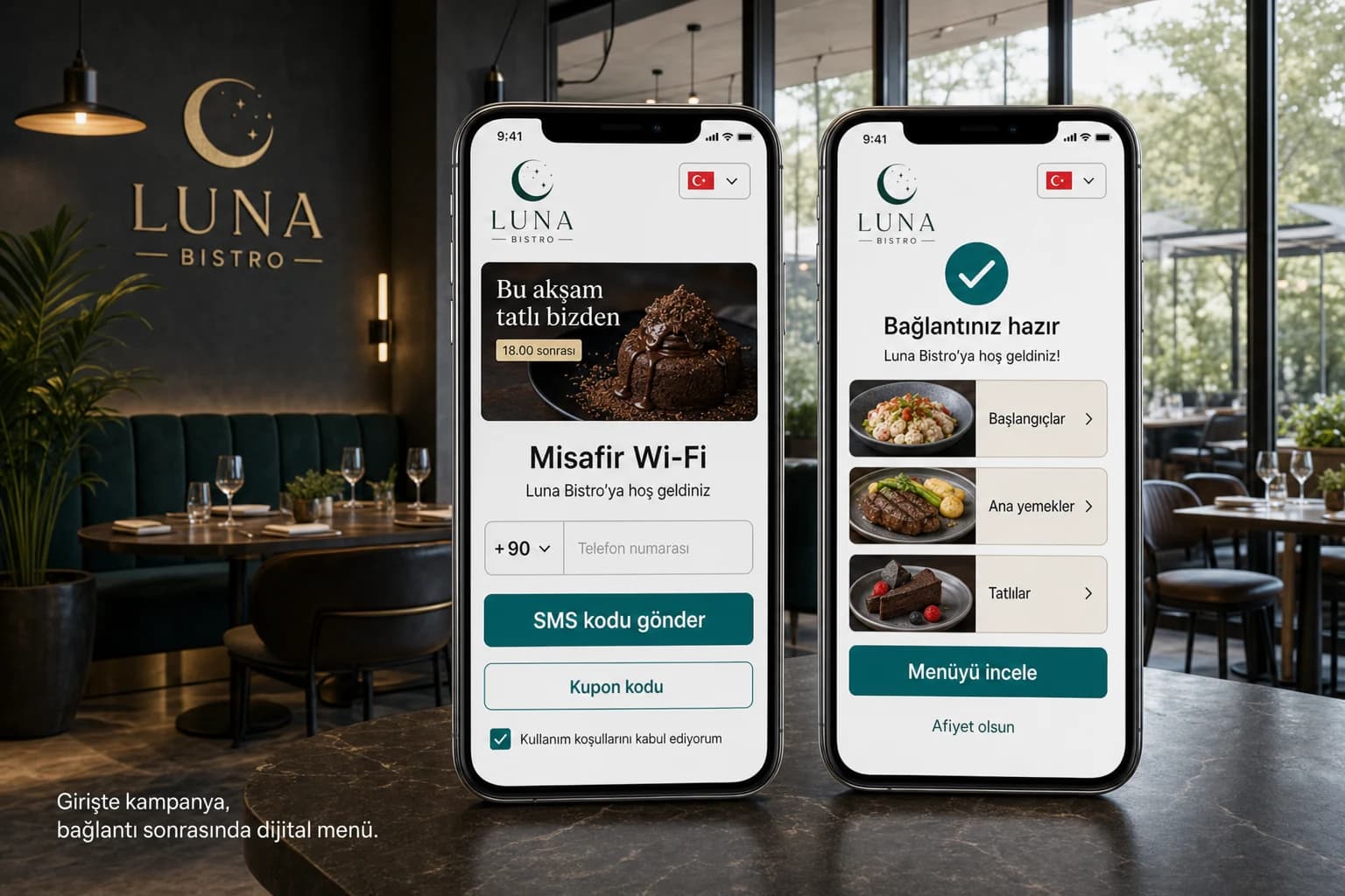 AnchorSpot kampanya banner'lı captive portal ve dijital menü